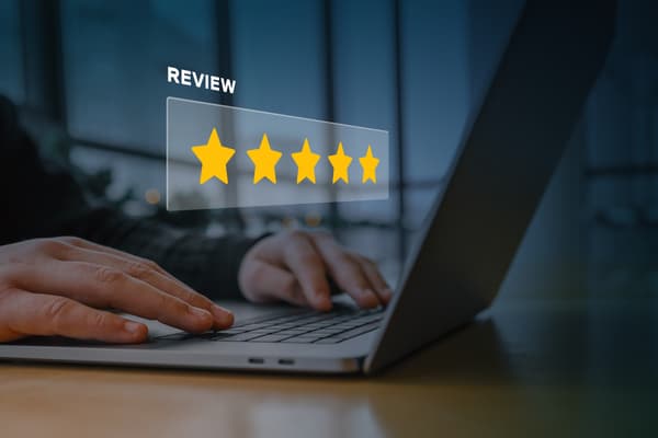 iStock Credit: Bohdan Bevz A graphic of a person on a laptop with 5 gold stars